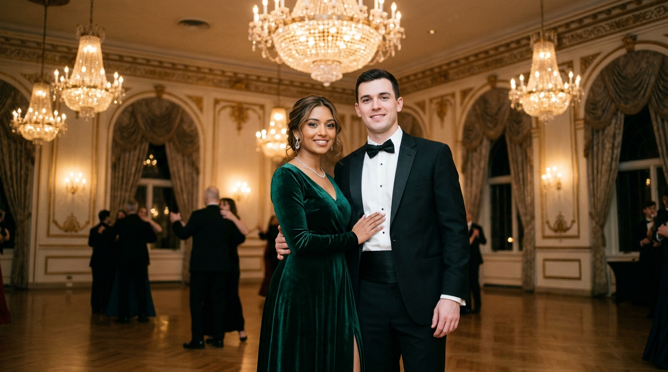Elegantes Paar im bodenlangen Abendkleid und klassischem Smoking im Ballsaal