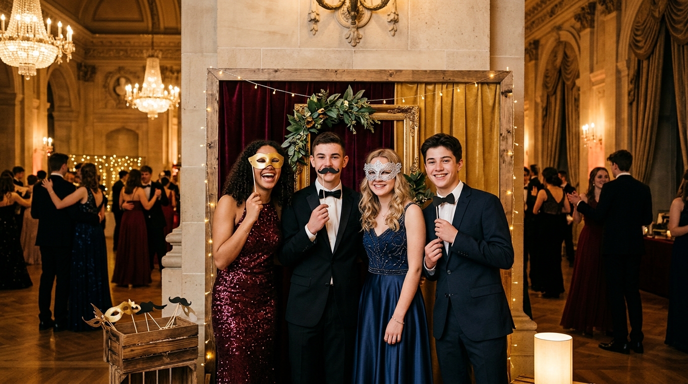 Lustige Schnappschüsse mit Requisiten in der Fotobox am Maturaball