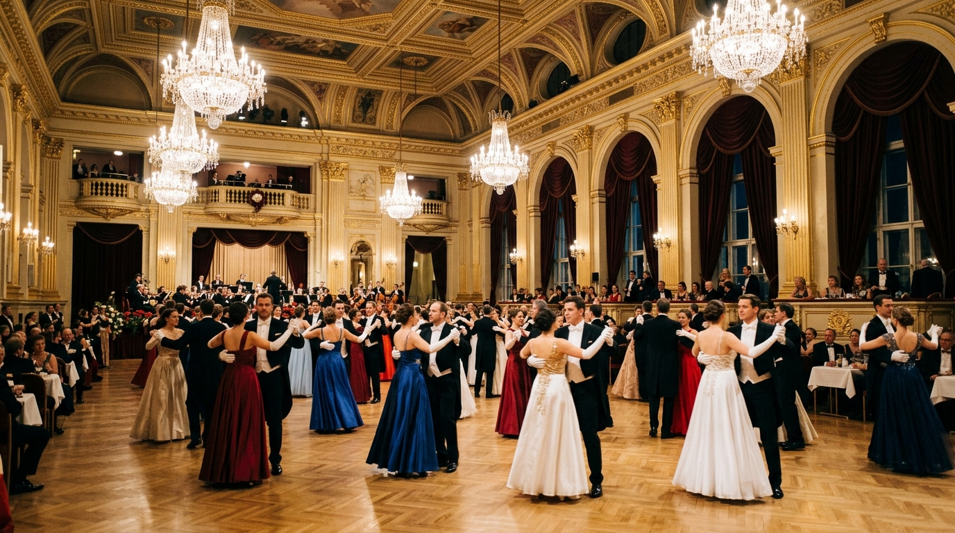 Prachtvoller österreichischer Ballsaal mit Kristalllüstern und festlicher Beleuchtung